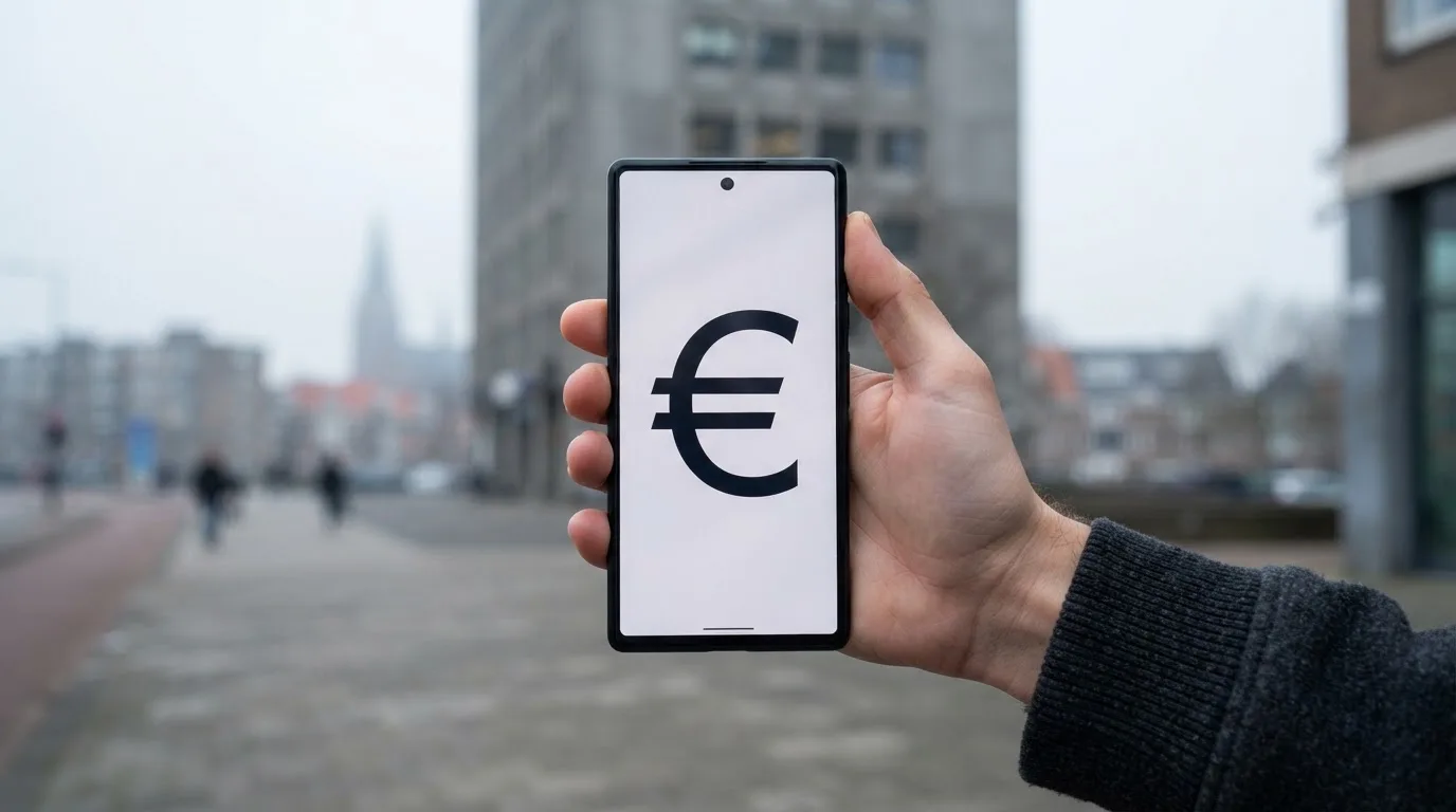 Een close-up van een hand die een smartphone vasthoudt buiten voor een grijs kantoorgebouw, met een wazige skyline van een Nederlandse stad op de achtergrond.