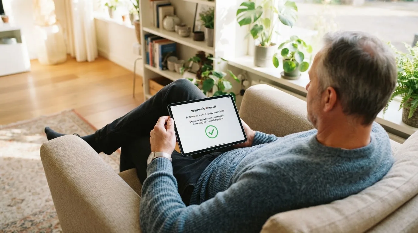 Een man leunt achterover op een stoel met een tablet op schoot, in een lichte woonkamer met planten op de achtergrond.