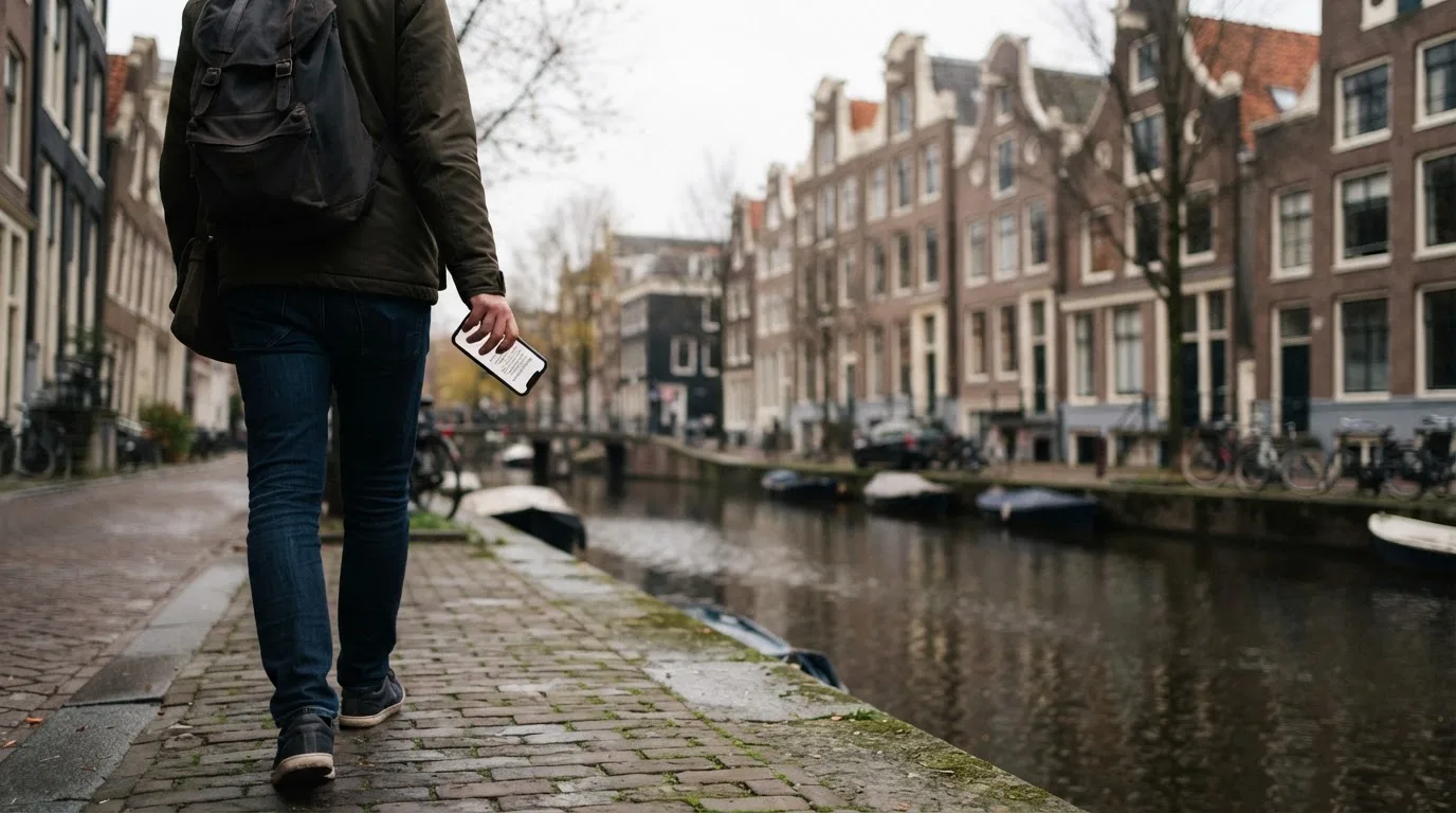 Een persoon loopt met een telefoon in de hand langs een grachtenpand in een Nederlandse stad, met wazige gevels op de achtergrond.