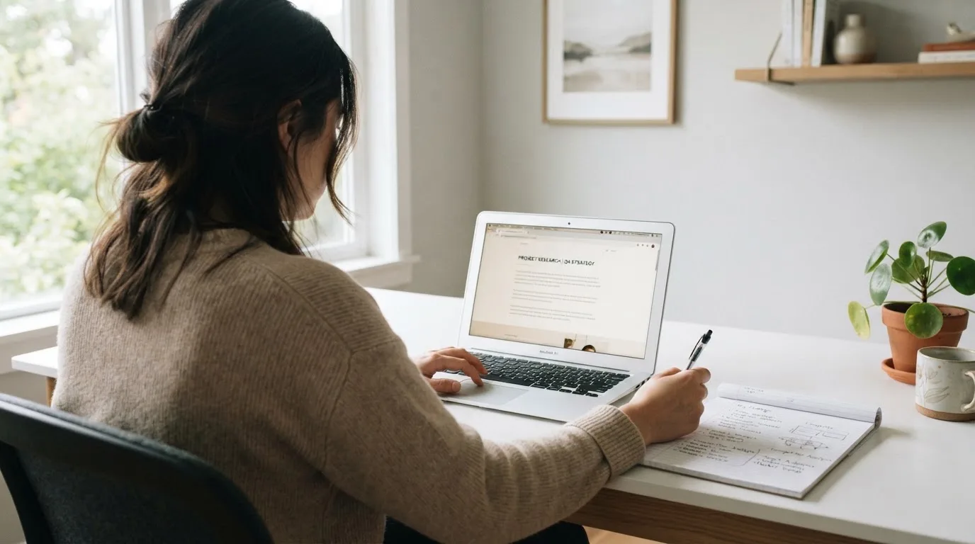 Iemand zit aan een bureau thuis met een laptop en een notitieblok in daglicht.