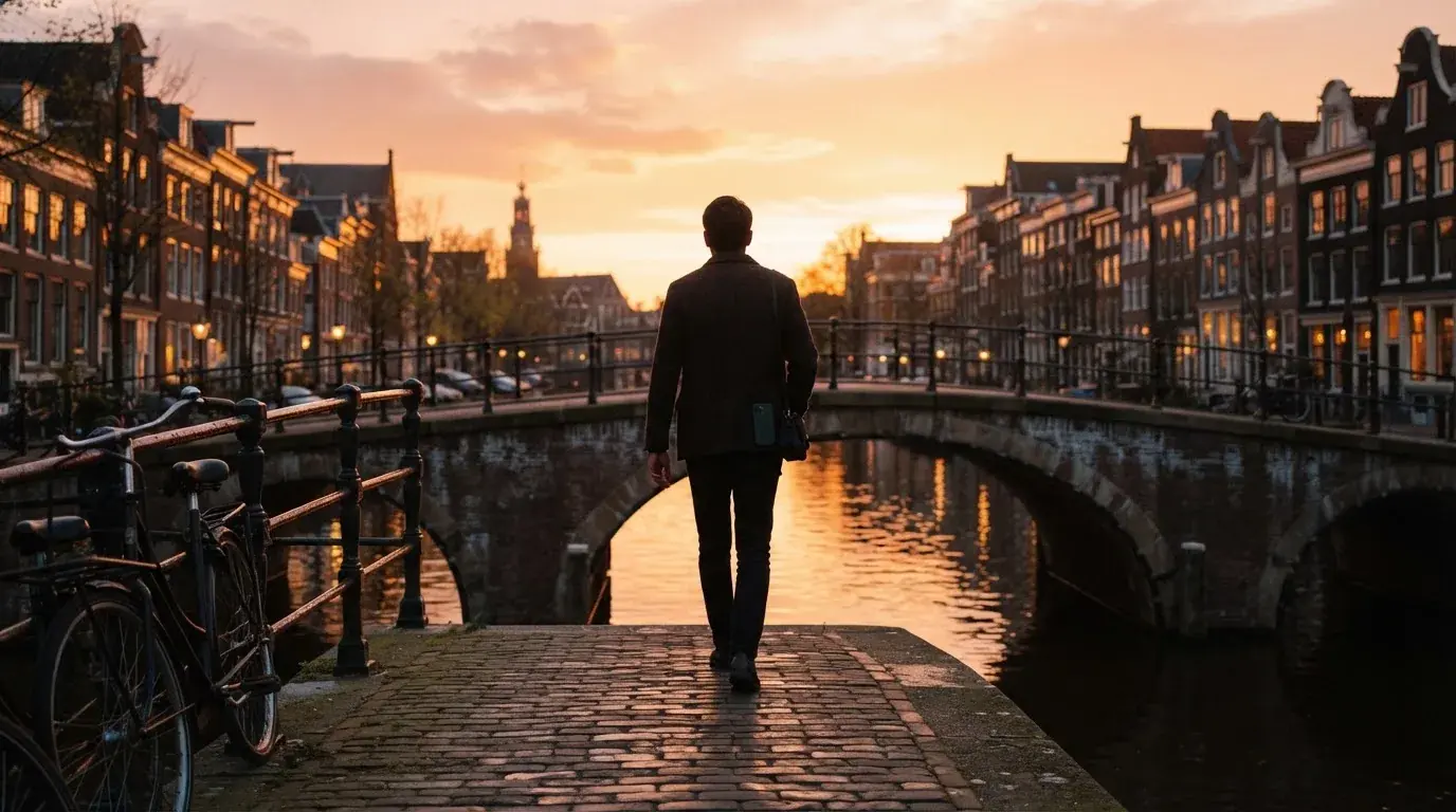 Een persoon wandelt over een brug in een Nederlandse stad bij zonsondergang met een telefoon in de zak.