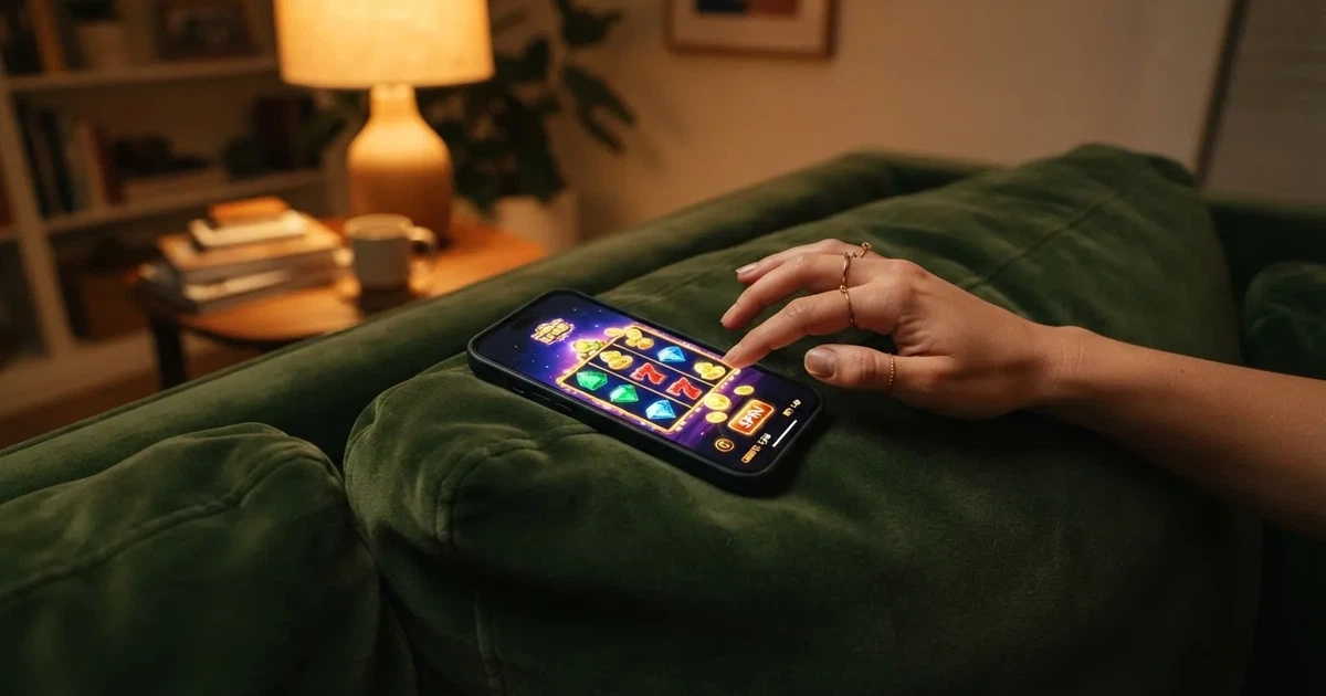 Close-up van een hand die op een smartphone tikt terwijl er ontspannen op een bank wordt gezeten.