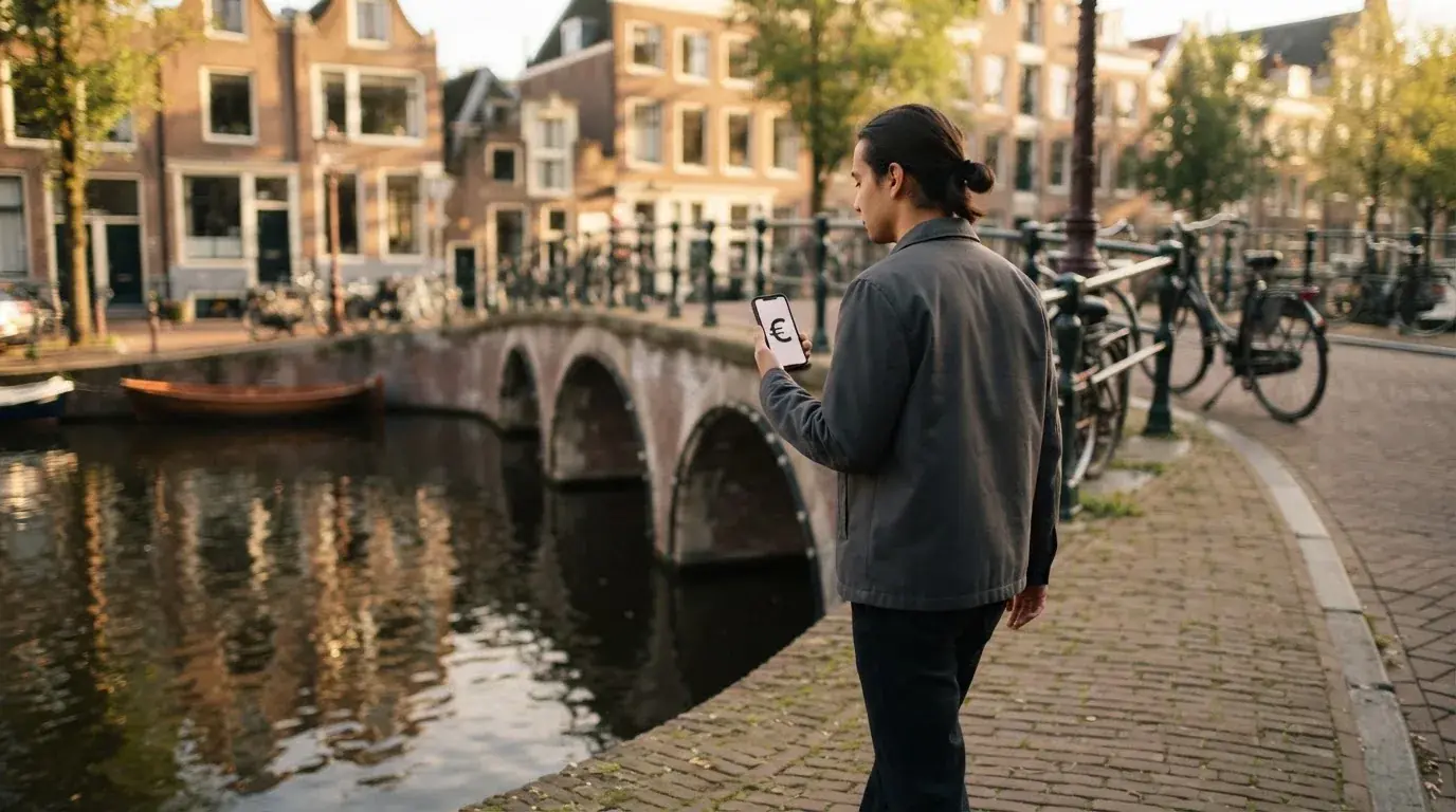 Een volwassene loopt over een brug in een Nederlandse stad met een telefoon in de hand.