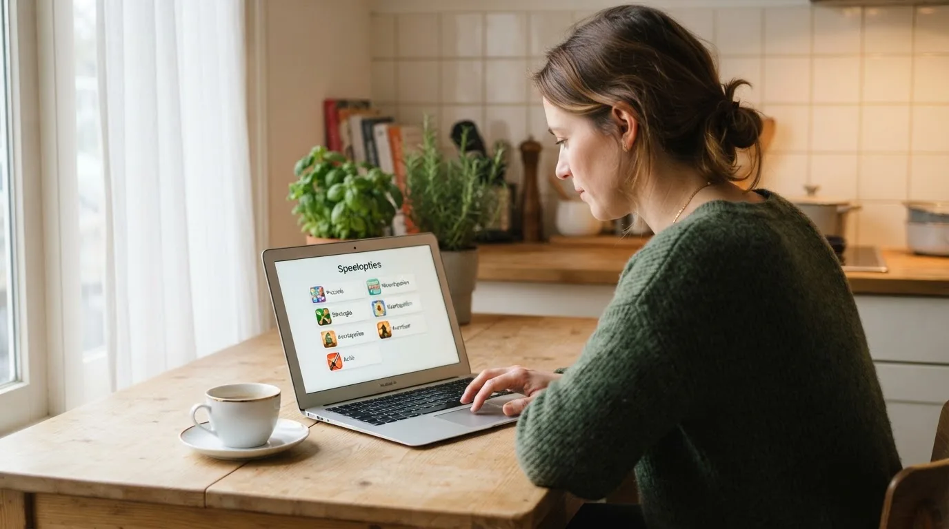Een vrouw bekijkt rustig op haar laptop de opties voor online spelen aan de keukentafel, met een kopje koffie ernaast.