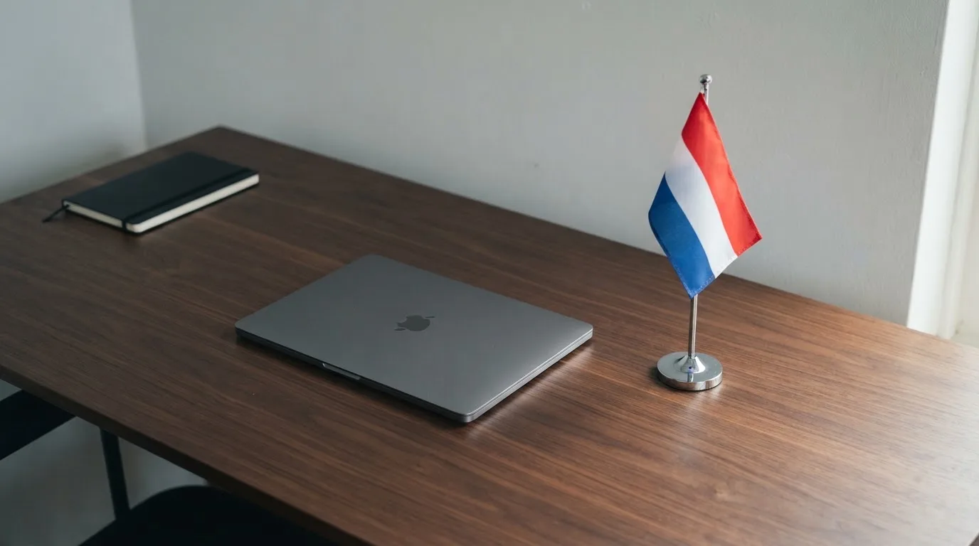 Een bureau met een Nederlandse vlag op een standaard naast een gesloten laptop, symbool voor regelgeving en toezicht op kansspelen.