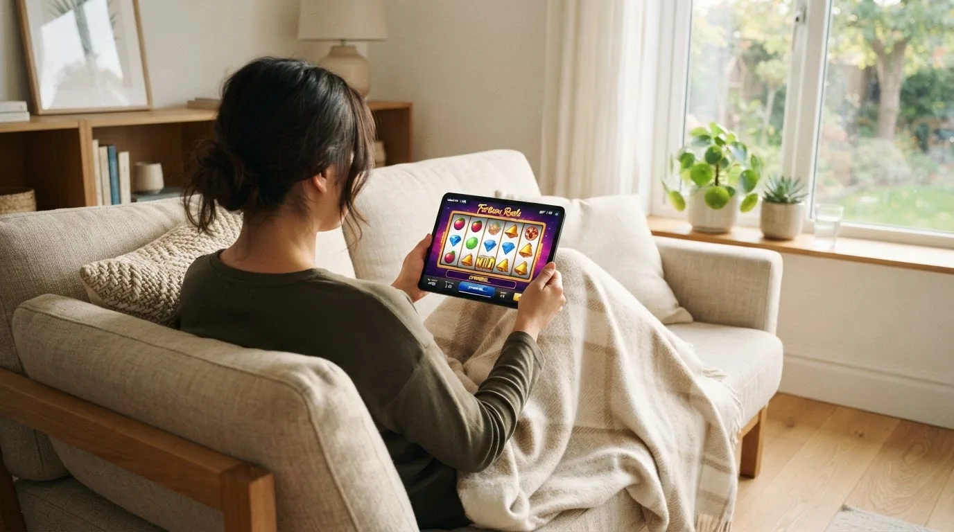 Iemand bekijkt ontspannen een tablet op de bank in een lichte woonkamer, met een plaid over de knieën.