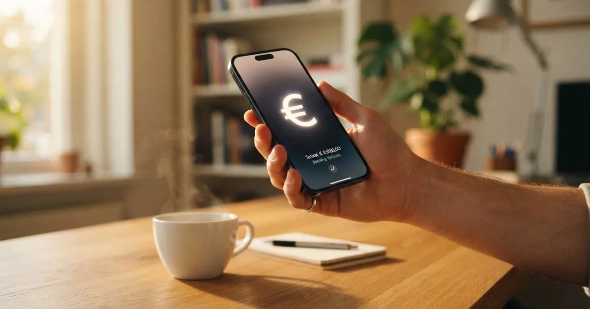 Een hand houdt een smartphone vast met een wazig bankapp-scherm, boven een houten bureau met een kop koffie.