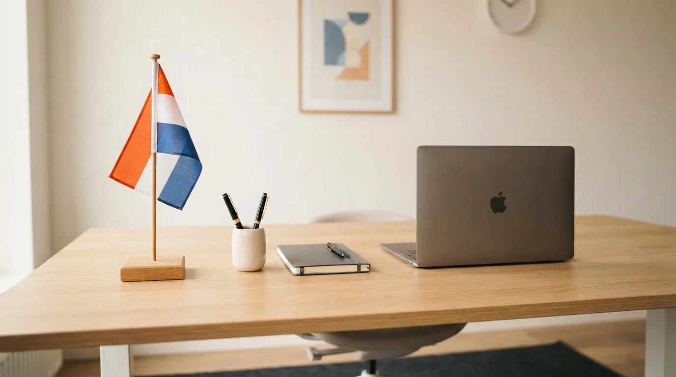 Een kantoorbureau met een Nederlandse vlag op een voetstuk naast een dichte laptop.