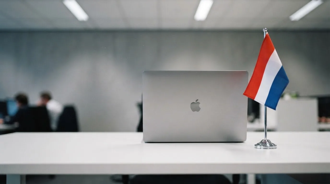 Een kantoorbureau met een Nederlandse vlag op een voetstuk naast een gesloten laptop.