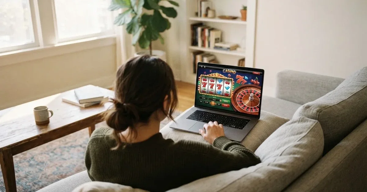 Een persoon zit ontspannen op een bank met een laptop en bekijkt casinospellen in een lichte huiskamer.