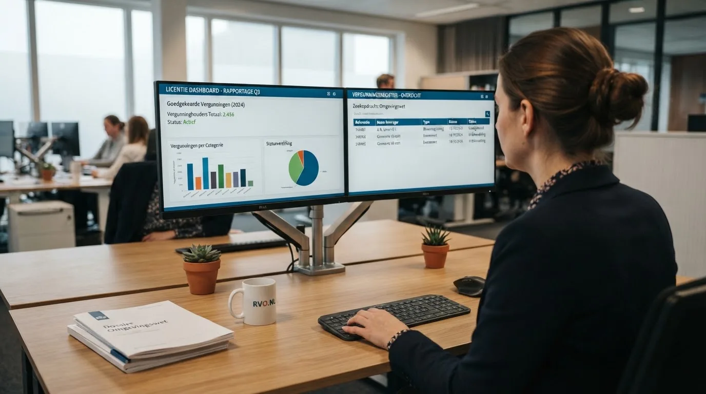 Een medewerker van een toezichthoudende instantie werkt achter een bureau met meerdere monitoren in een professioneel kantoor.
