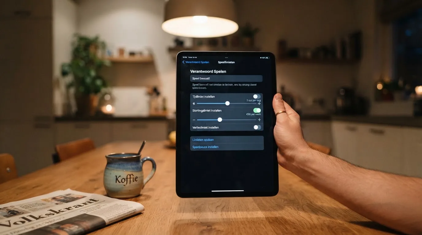 Een persoon bekijkt rustig instellingen voor speellimieten op een tablet aan een keukentafel in de avond.
