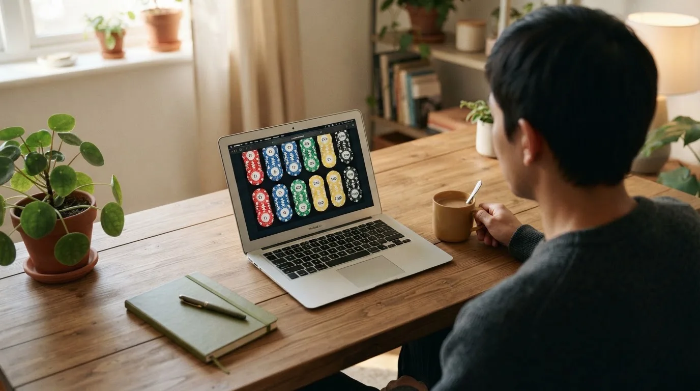 Een persoon zit aan een bureau met een kop koffie en bekijkt rustig een overzicht op een laptopscherm.